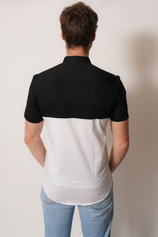 Camisa cuello Mao Color negro y blanco 100% fit-3