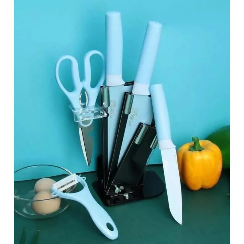 Set De 6 Piezas Inoxidables Cuchillos Tijeras Pelador Azul-2
