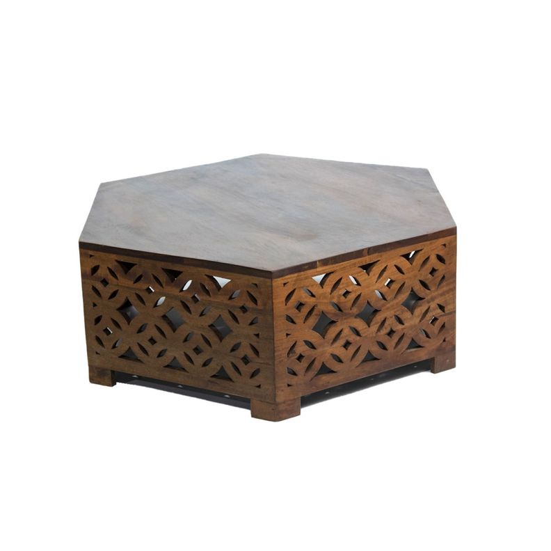 Mesa De Centro Hexagonal Tallada Madera De Mango 105x100x35cm-0