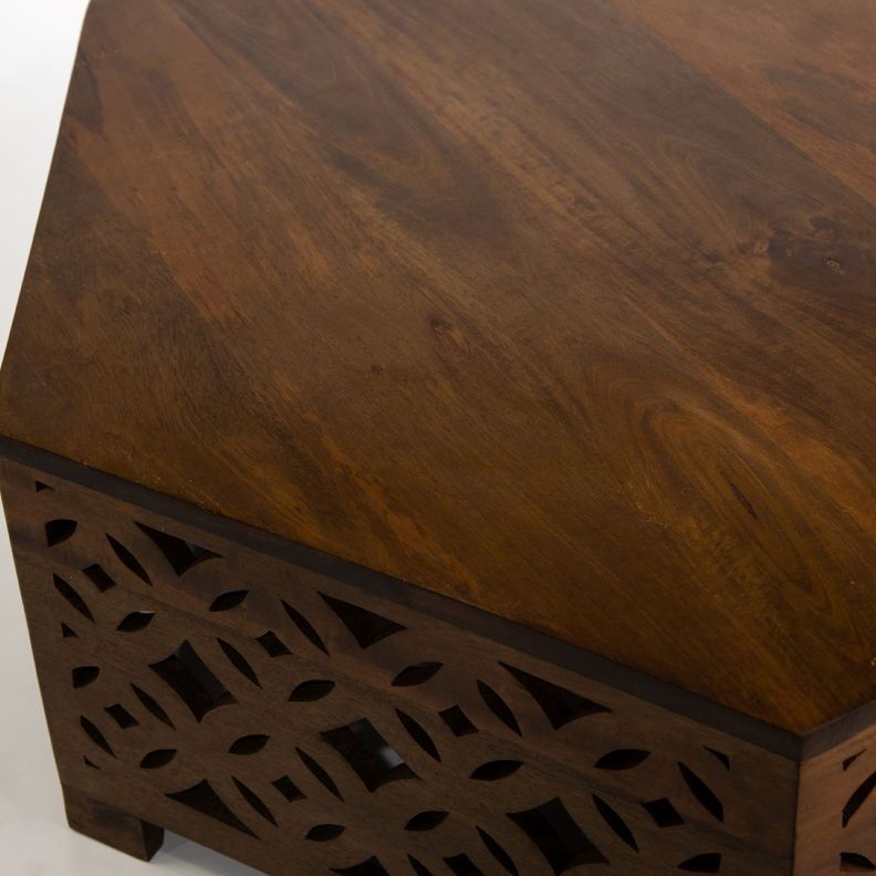 Mesa De Centro Hexagonal Tallada Madera De Mango 105x100x35cm-2