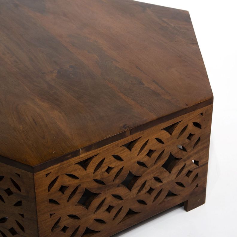 Mesa De Centro Hexagonal Tallada Madera De Mango 105x100x35cm-3