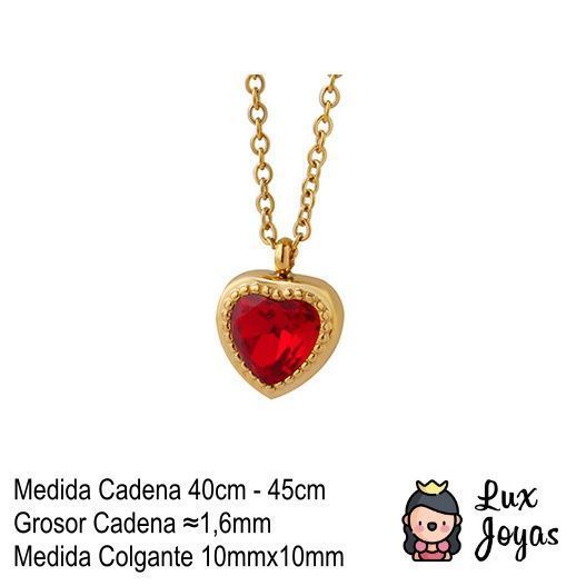 Collar Baño Oro Amarillo 18 Kilates Corazón Circón Rubí-4