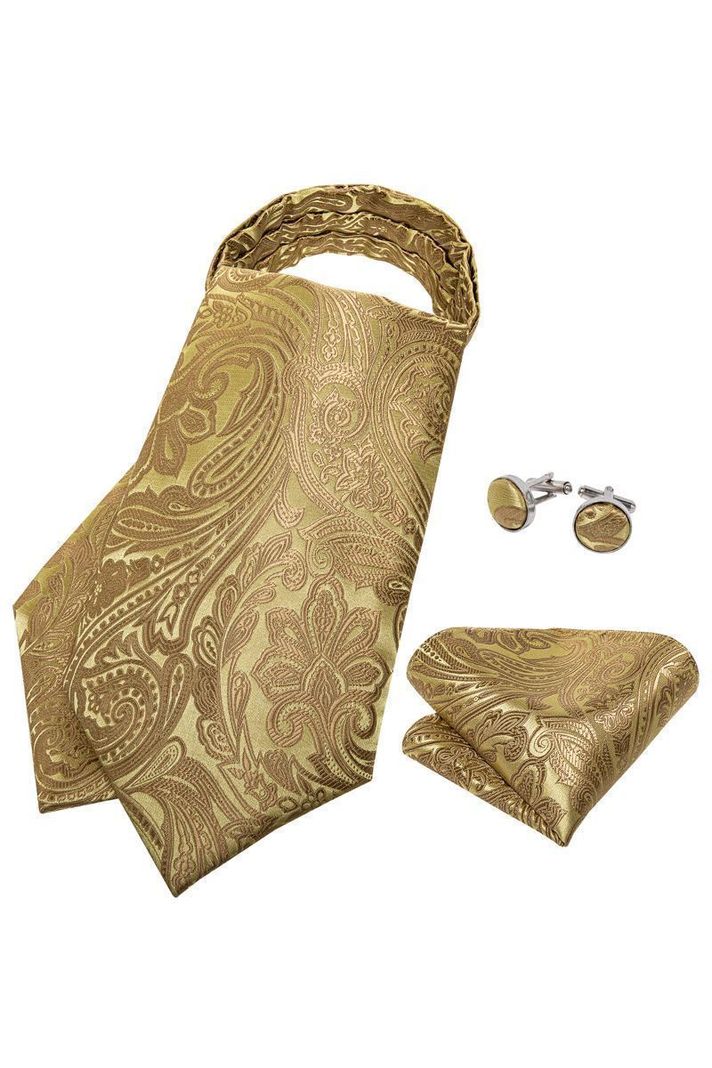 Set Corbata Gruesa Ascot + Paño + Collera formal hombre. Golden-1