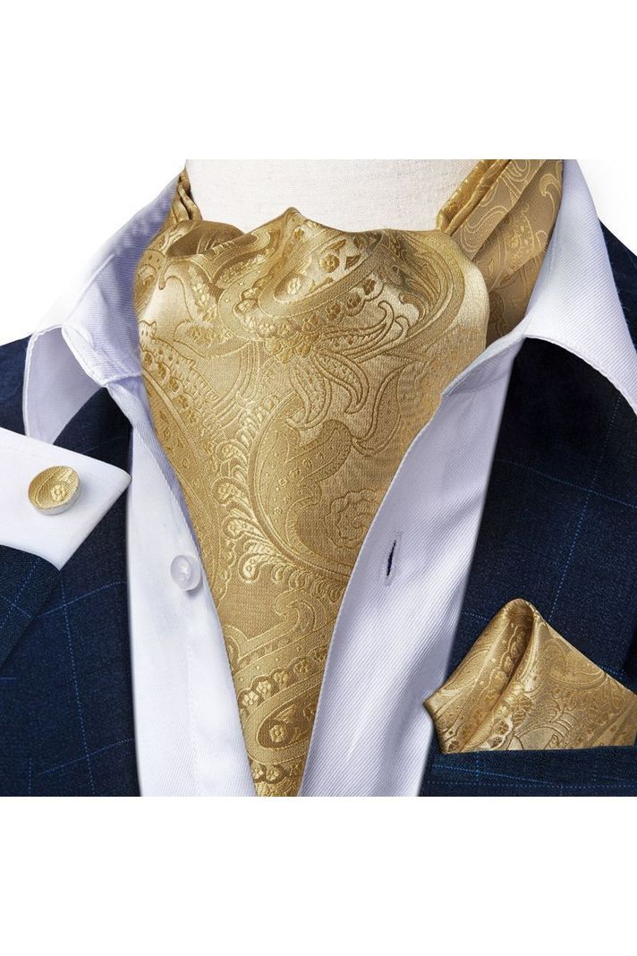Set Corbata Gruesa Ascot + Paño + Collera formal hombre. Golden-0