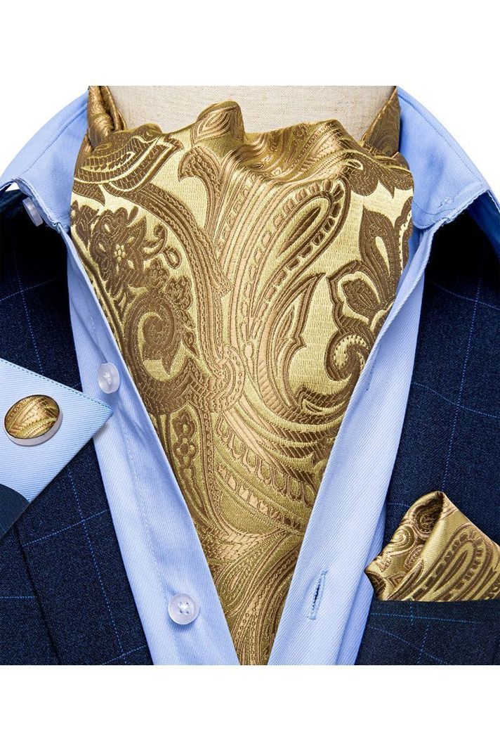 Set Corbata Gruesa Ascot + Paño + Collera formal hombre. Golden-2