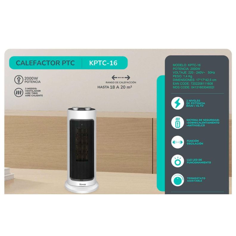 Calefactor Electrico 2000W 2N Luz LED Blanco KPTC-16 PTC Kendal-4