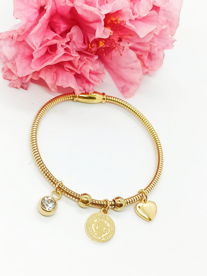Pulsera Magnética Medalla San Benito Protector Acero enchapada en oro 18kl-0