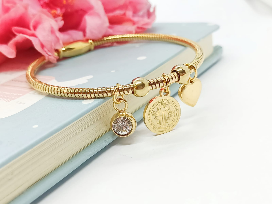 Pulsera Magnética Medalla San Benito Protector Acero enchapada en oro 18kl-2