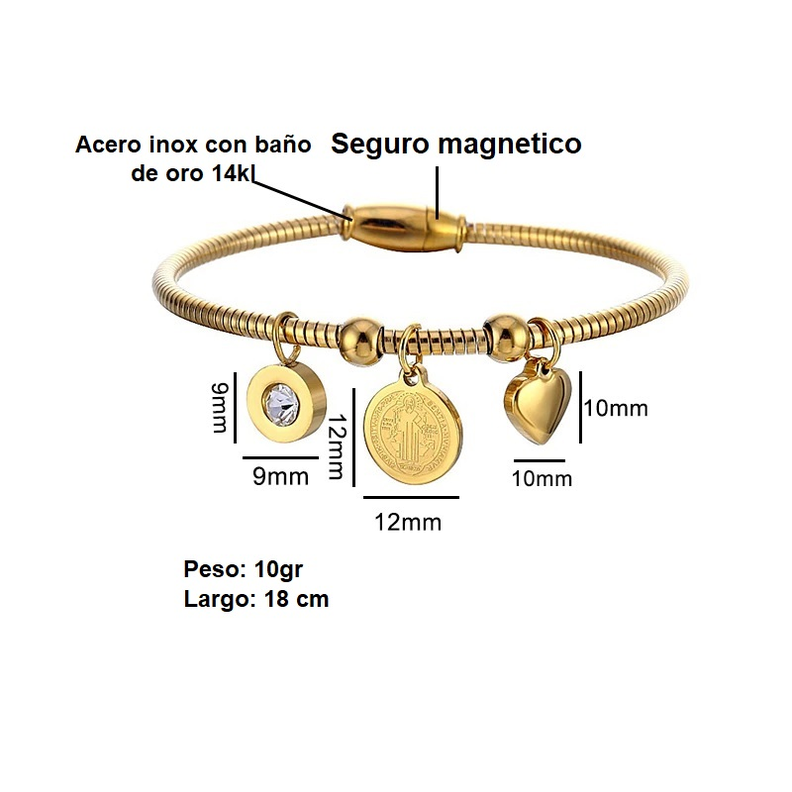 Pulsera Magnética Medalla San Benito Protector Acero enchapada en oro 18kl-6