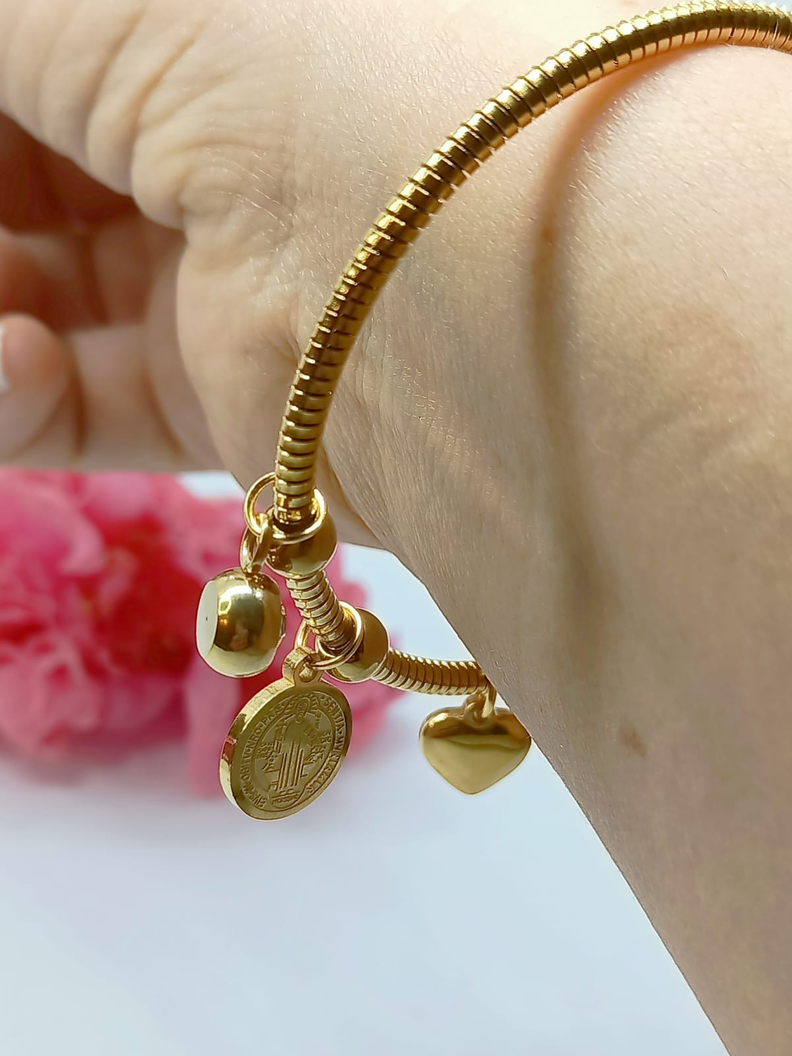 Pulsera Magnética Medalla San Benito Protector Acero enchapada en oro 18kl-4