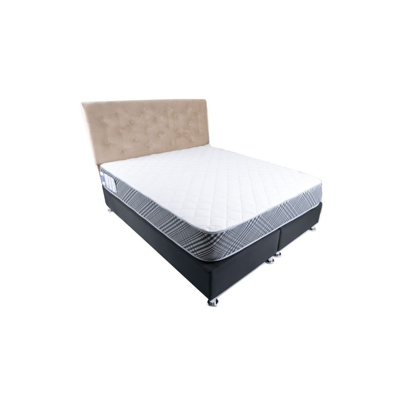 Cama Americana 2P + Colchon de resortes + Respaldo Beige Felpa Pmetal-0
