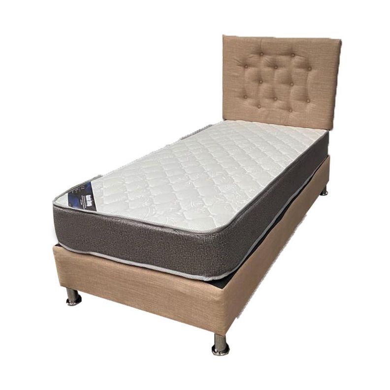 Cama Americana 1P + Colchon de resortes + Respaldo Beige Felpa Pmetal