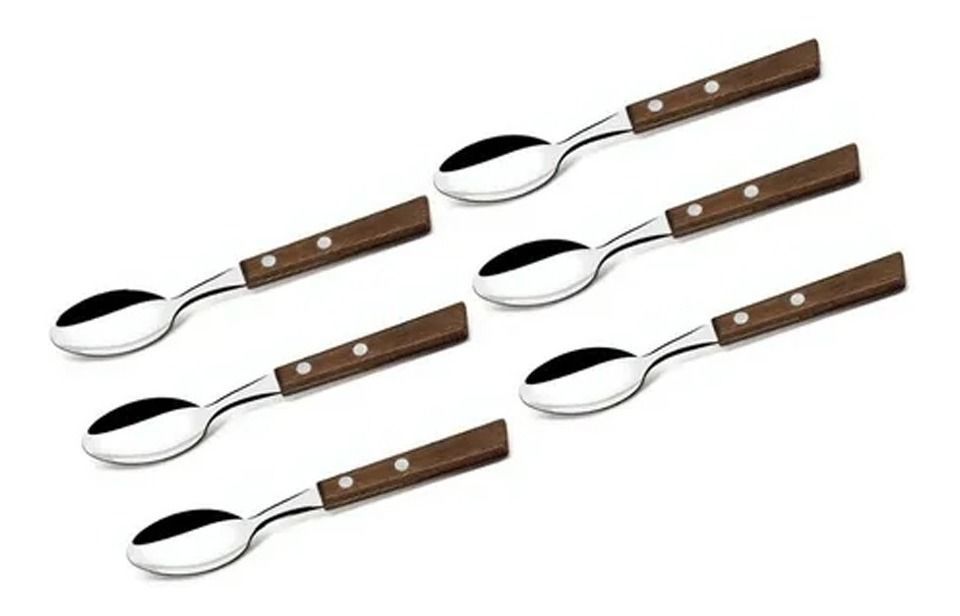 Set 6 Cucharas Acero Inoxidable Cubiertos Madera-0