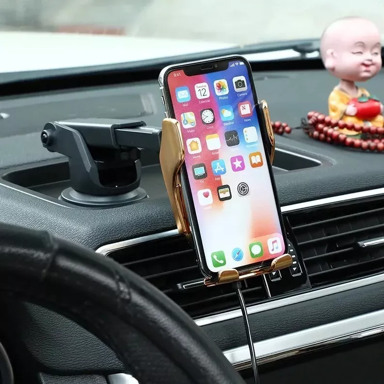 Soporte Porta Celular Auto Cargador Inteligente Inalámbrico Smartphone R2 Plateado-4
