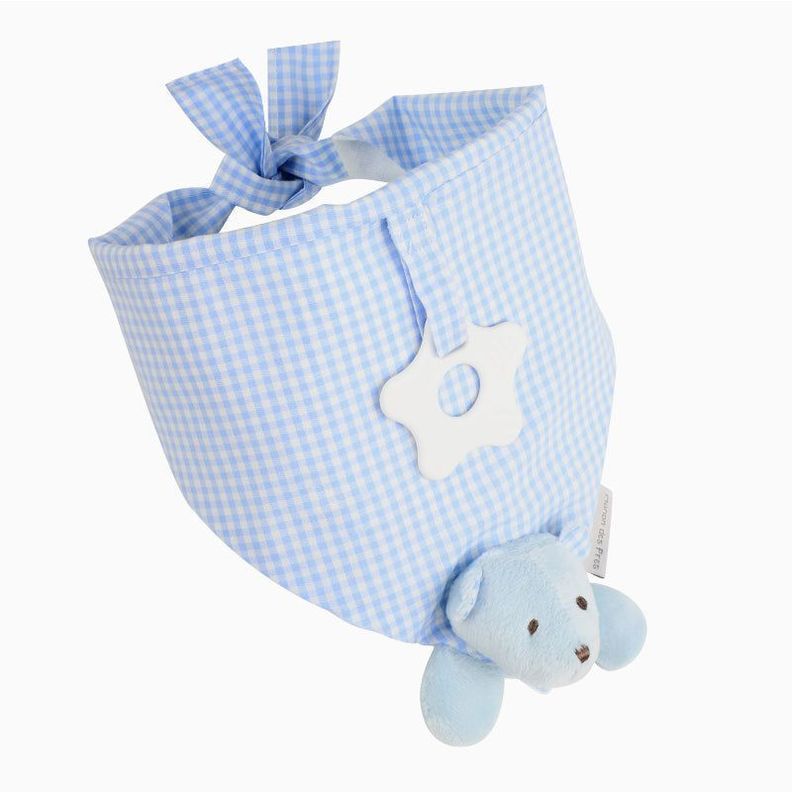 Babero doble de tela celeste cuadrille con figura de oso-0
