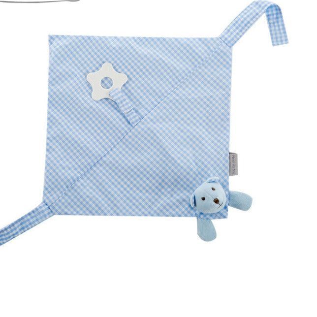 Babero doble de tela celeste cuadrille con figura de oso-1
