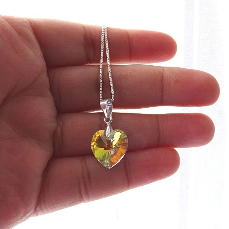 Cadena De Plata (veneciana)con Cristal Corazón Aurora Boreal - MABELITA-1