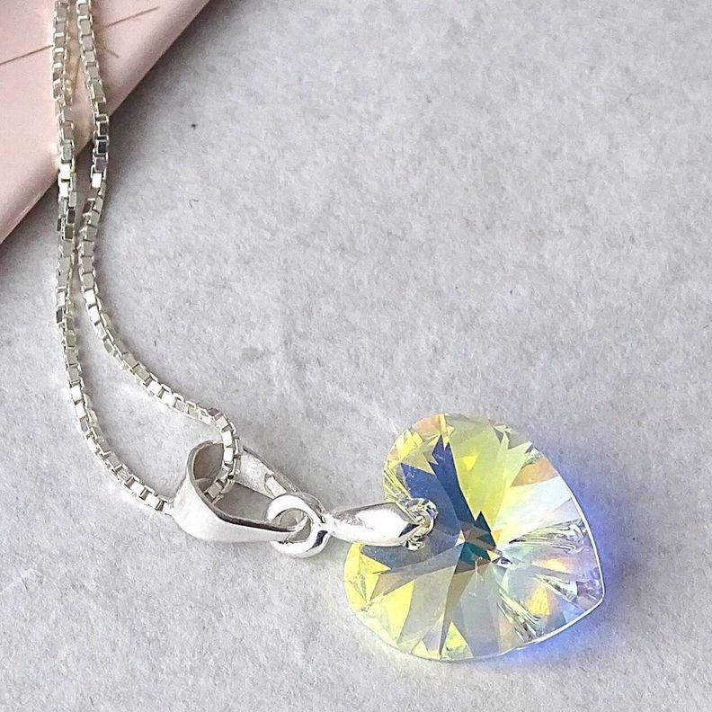 Cadena De Plata (veneciana)con Cristal Corazón Aurora Boreal - MABELITA-0