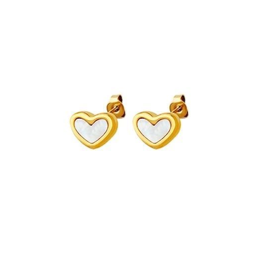 Aros Bano Oro Amarillo 18k Pegados Corazon Nacar Dorado