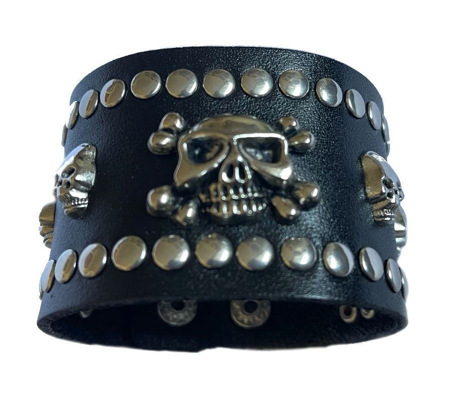 Pulsera de Cuero Negra Tachas y Calaveras-0
