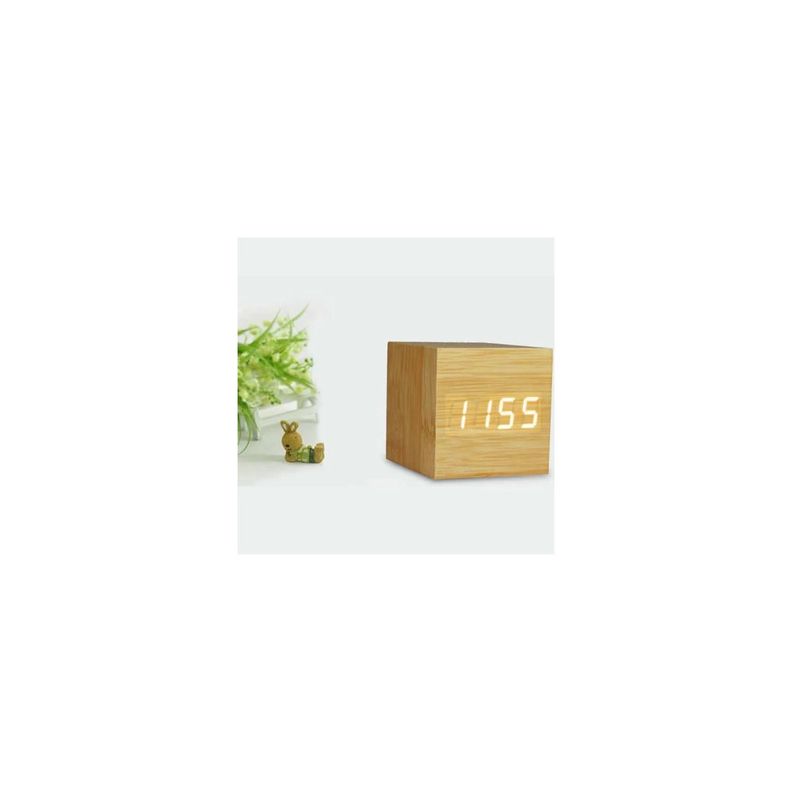 Reloj Despertador Digital Led Bloque de Madera Tecnolab-1