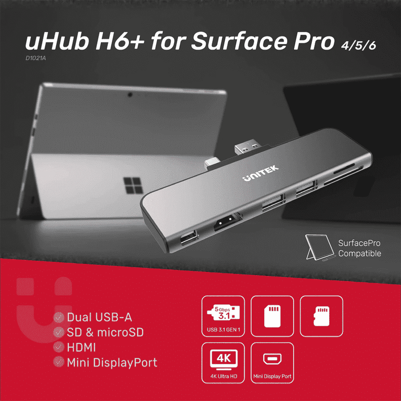 HUB Unitek 6 en 1 para Surface Pro (HDMI, Mini DPort, USB 3.1, MicroSD)-3