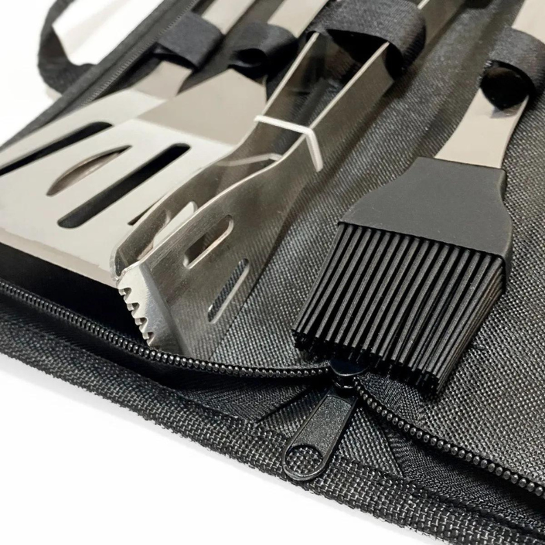 Set parrillero 5 piezas de acero inoxidable y bolso para asados-1