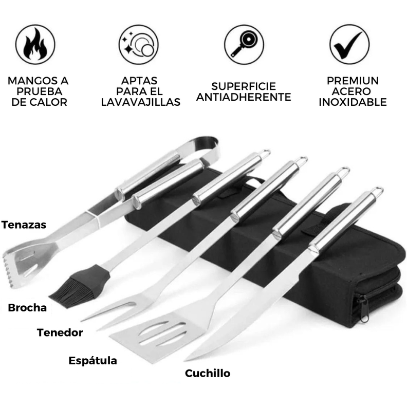 Set parrillero 5 piezas de acero inoxidable y bolso para asados-3