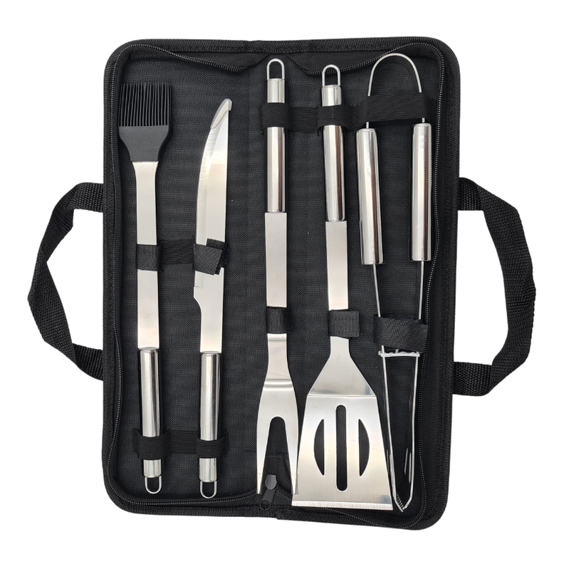 Set parrillero 5 piezas de acero inoxidable y bolso para asados-0