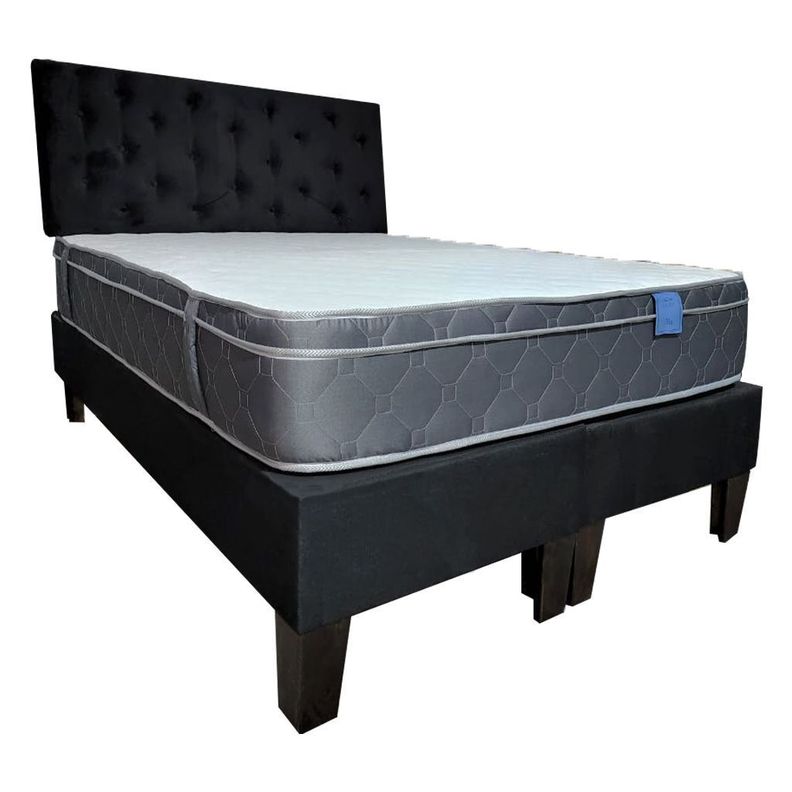 Cama Americana Tanon 2P + Colchon Premium + Respaldo Negro Felpa Pmadera-2