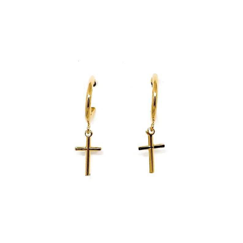 Aros Argollas 13mm Cruz Colgante Enchapado Oro 18K-0