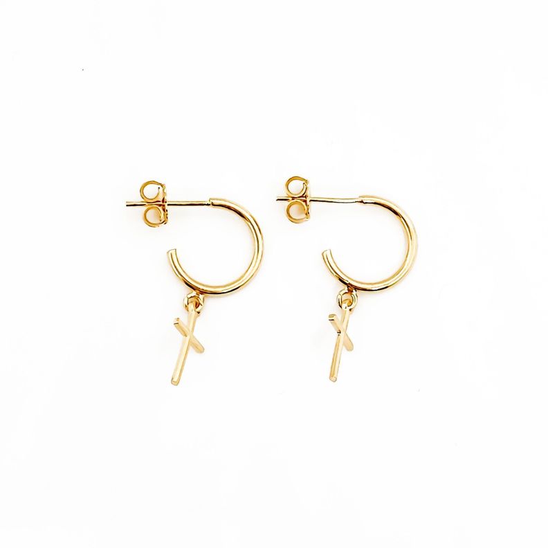 Aros Argollas 13mm Cruz Colgante Enchapado Oro 18K-1