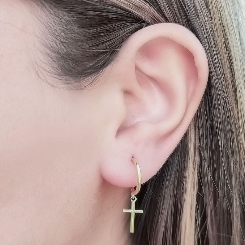 Aros Argollas 13mm Cruz Colgante Enchapado Oro 18K-3