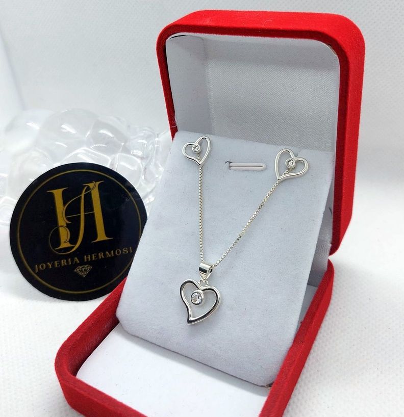 Conjunto Corazones y Circon -  Plata ley 925 Joyeria Hermosi-1
