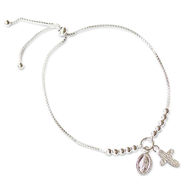 Pulsera Ajustable Virgen Rayos Cruz Plata Fina 925-0