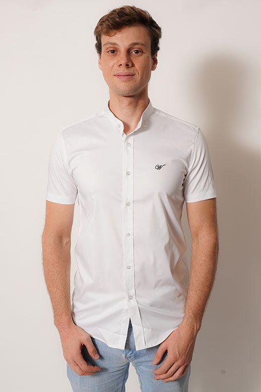 camisa cuello mao  color blanco manga corta fit-3
