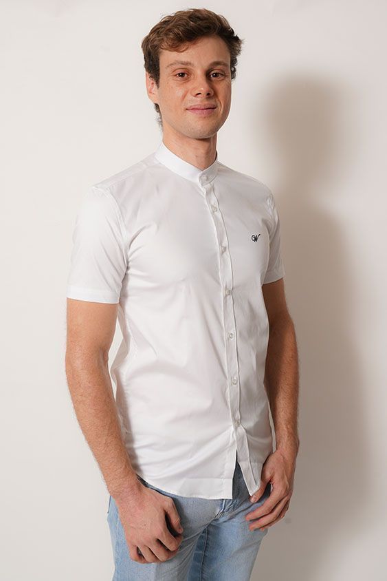 camisa cuello mao  color blanco manga corta fit-2