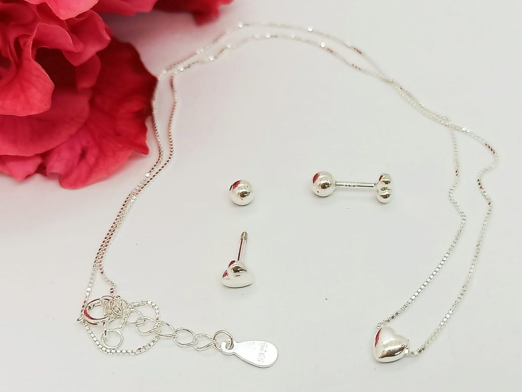 Set Conjunto Aros Seguridad Plata enchapado en Oro Cadena Corazón-5