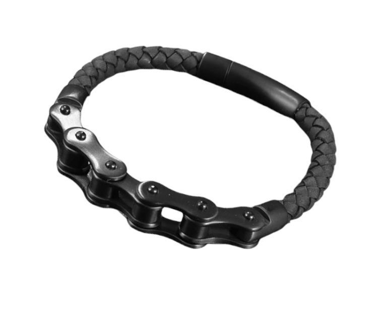 Pulsera Mixta, Diseño De Cadena Metálica Y Cuero-0