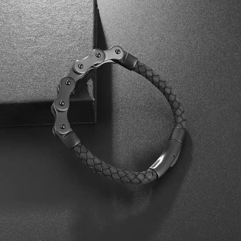 Pulsera Mixta, Diseño De Cadena Metálica Y Cuero-2