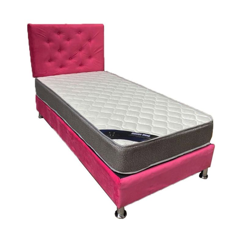 Cama Americana 1P + Colchon de resortes + Respaldo Rosado Felpa Pmetal