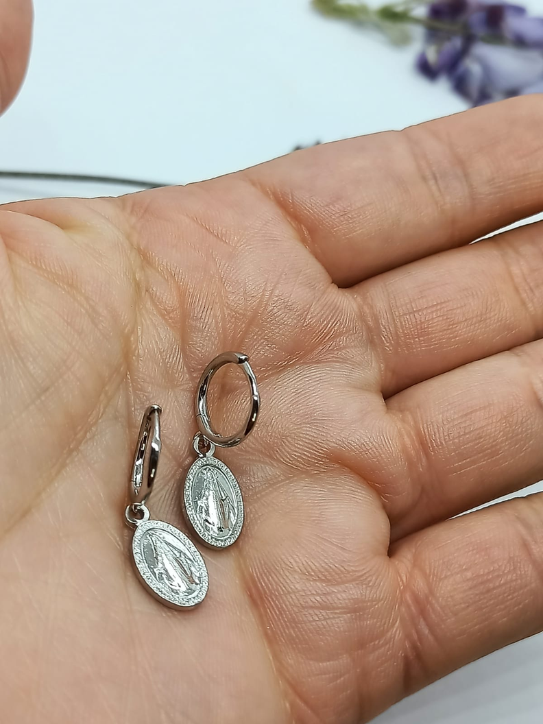 Aros Argollas Pequeñas Virgen Maria Plata 925 -4
