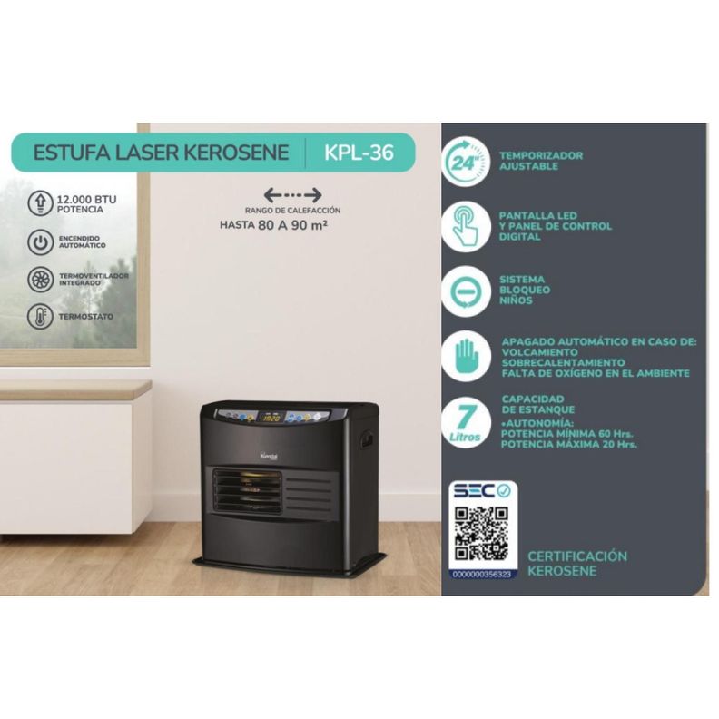 Estufa Calefactor A Parafina Kerosene 12000BTU LED Negro KPL-36 Kendal-6