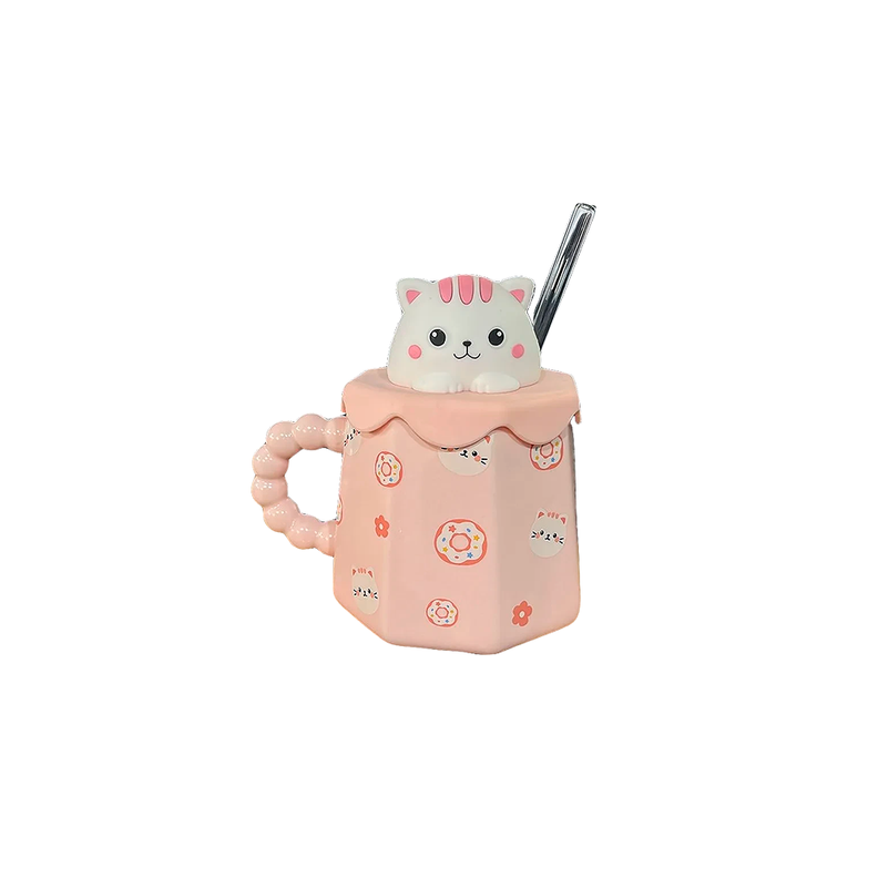 Taza Cafe Ceramica Tapa Silicona Diseño Gato Bombilla 450ml-0