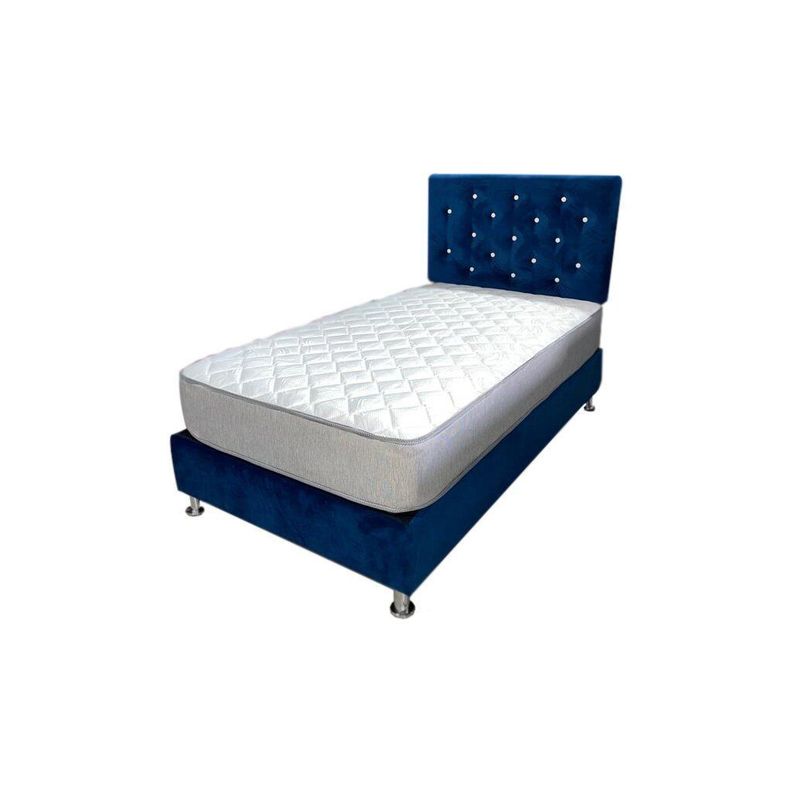 Cama Americana 1P+Colchon de resortes+respaldo azu-0