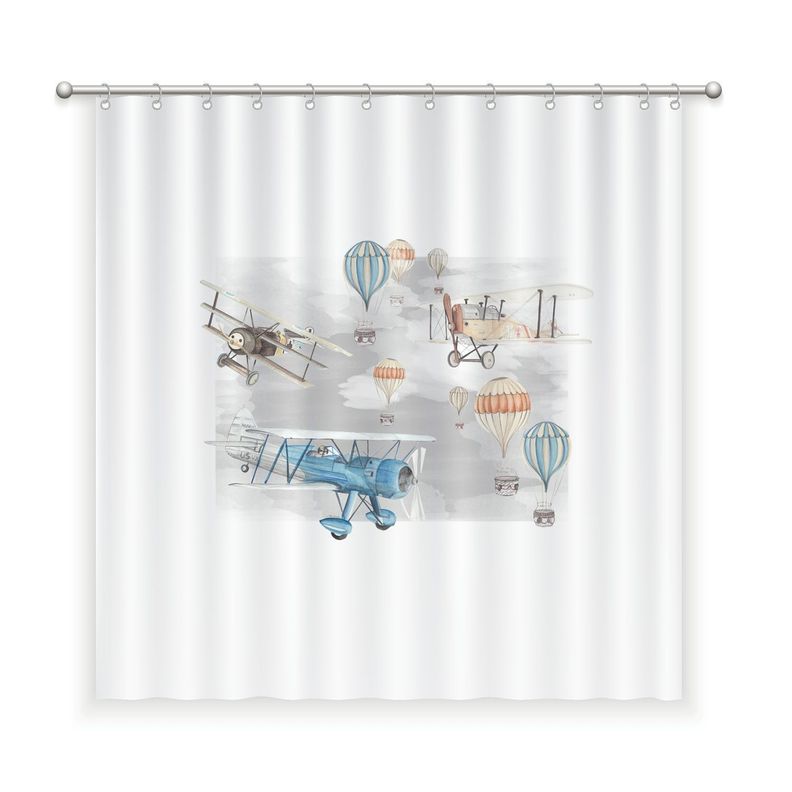 CORTINA DE BANO ALGODON AVIONES Y GLOBOS Blanco