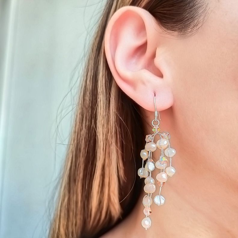 Aros Racimo Perlas de Río Damasco Gancho Plata Fina 925-1