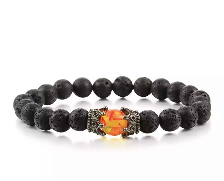 Pulsera Negra De Piedras Y Corona Metálica Símbolo Lava-0