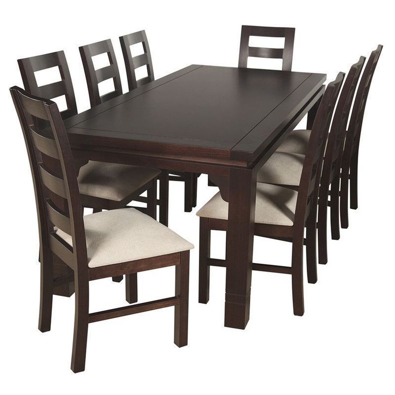 JUEGO DE COMEDOR AMELIA RECTANGULAR 8 SILLAS MADERA COLOR CHOCOLATE TAPIZ BEIGE JASPEADO-0