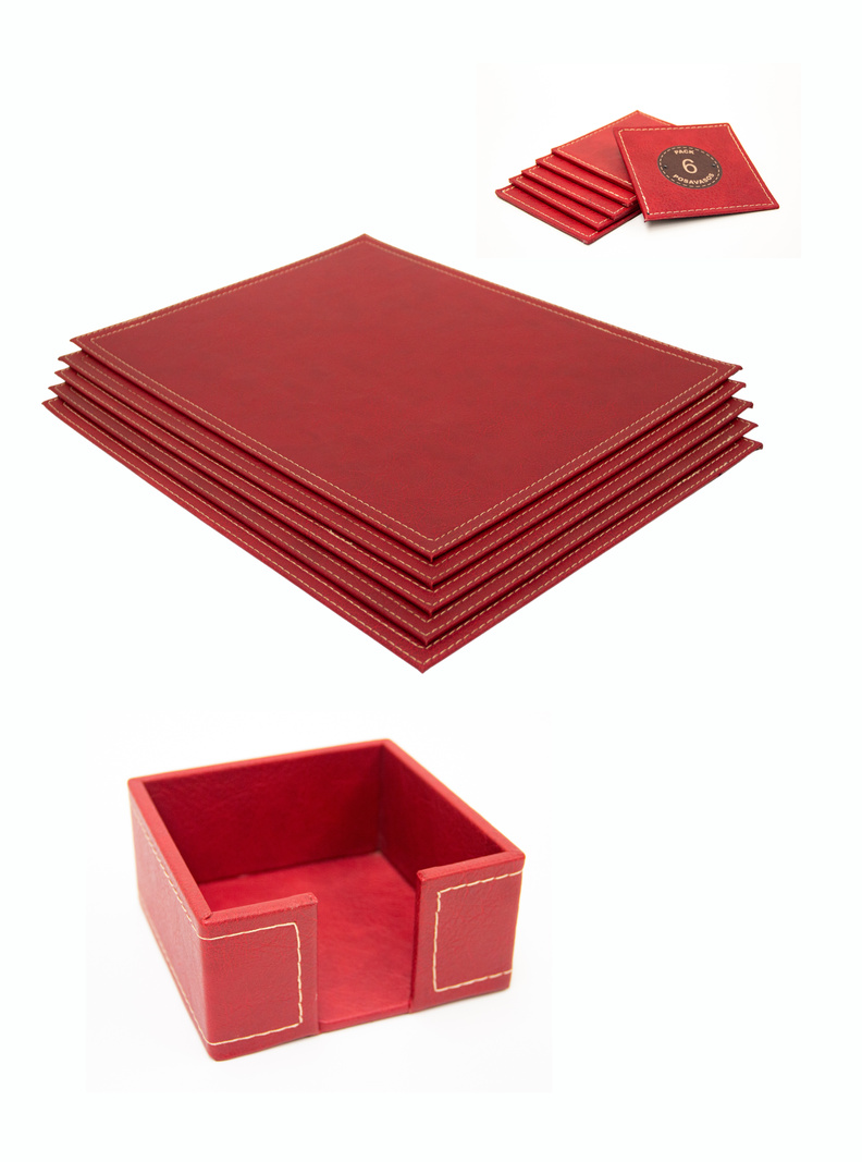 Set 6 Individuales + 6 Posa Vasos + Servilletero de Ecocuero rojo Rafaello Home-0